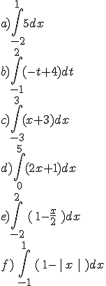 a)\int_{-2}^{1}5dx\\b)\int_{-1}^{2}(-t+4)dt\\c)\int_{-3}^{3}(x+3)dx\\d)\int_{0}^{5}(2x+1)dx\\e)\int_{-2}^{2}\,(\,1-\frac{x}{2}\,\,)dx\\f)\,\int_{-1}^{1}\,(\,1-\,%7C\,x\,\,%7C\,\,)dx